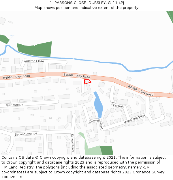1, PARSONS CLOSE, DURSLEY, GL11 4PJ: Location map and indicative extent of plot