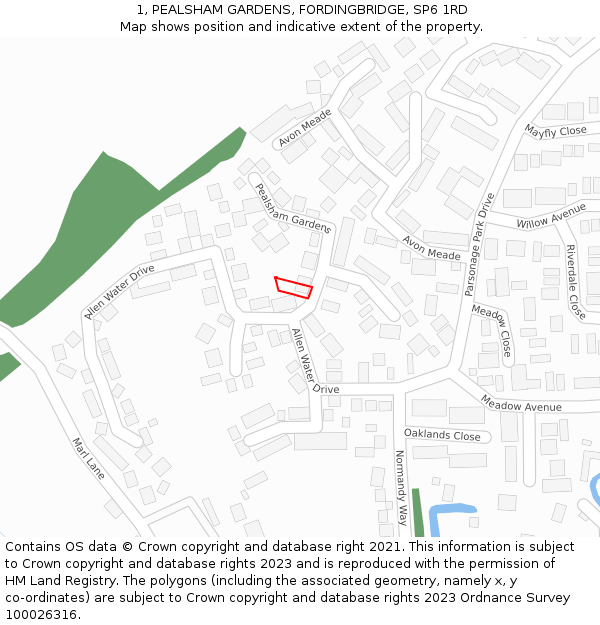 1, PEALSHAM GARDENS, FORDINGBRIDGE, SP6 1RD: Location map and indicative extent of plot