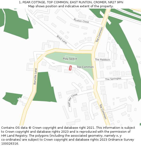 1, PEAR COTTAGE, TOP COMMON, EAST RUNTON, CROMER, NR27 9PN: Location map and indicative extent of plot