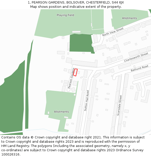 1, PEARSON GARDENS, BOLSOVER, CHESTERFIELD, S44 6JX: Location map and indicative extent of plot