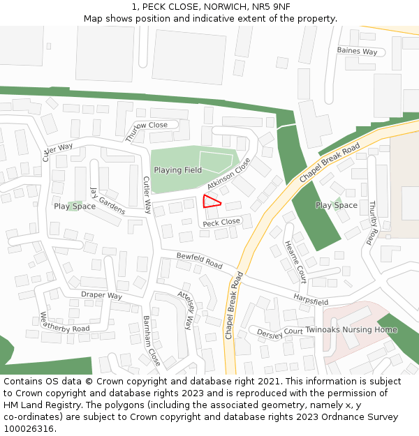 1, PECK CLOSE, NORWICH, NR5 9NF: Location map and indicative extent of plot
