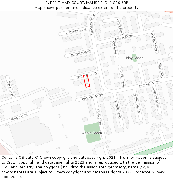 1, PENTLAND COURT, MANSFIELD, NG19 6RR: Location map and indicative extent of plot