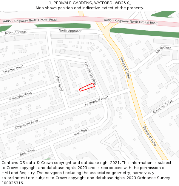 1, PERIVALE GARDENS, WATFORD, WD25 0JJ: Location map and indicative extent of plot