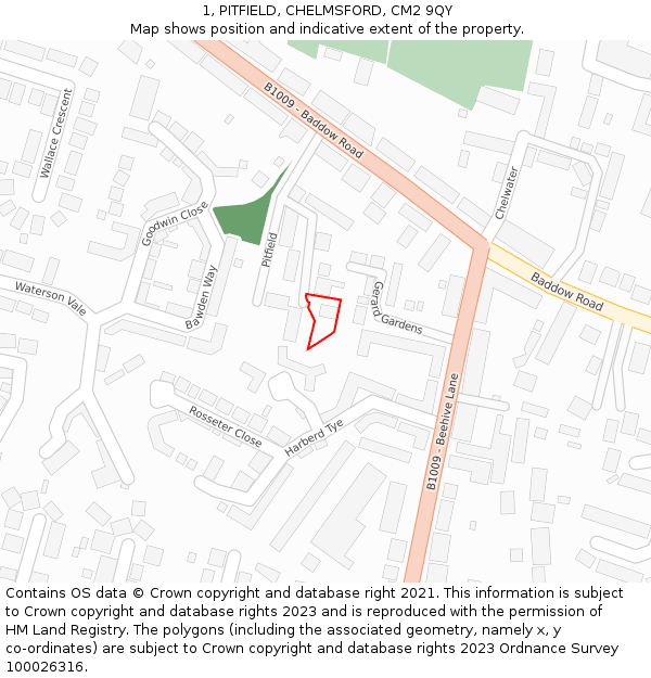 1, PITFIELD, CHELMSFORD, CM2 9QY: Location map and indicative extent of plot