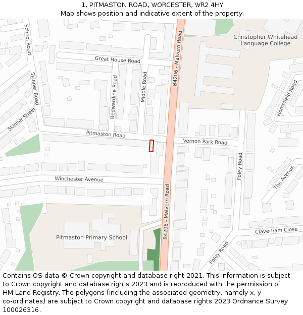 1, PITMASTON ROAD, WORCESTER, WR2 4HY: Location map and indicative extent of plot