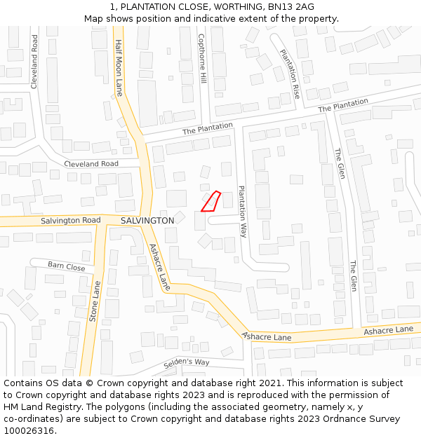 1, PLANTATION CLOSE, WORTHING, BN13 2AG: Location map and indicative extent of plot