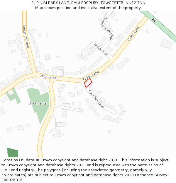 1, PLUM PARK LANE, PAULERSPURY, TOWCESTER, NN12 7NN: Location map and indicative extent of plot