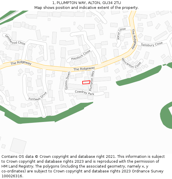 1, PLUMPTON WAY, ALTON, GU34 2TU: Location map and indicative extent of plot