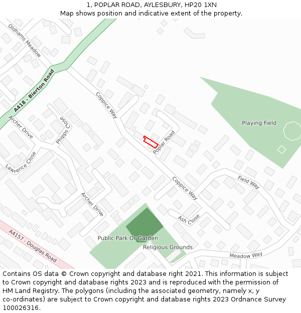 1, POPLAR ROAD, AYLESBURY, HP20 1XN: Location map and indicative extent of plot