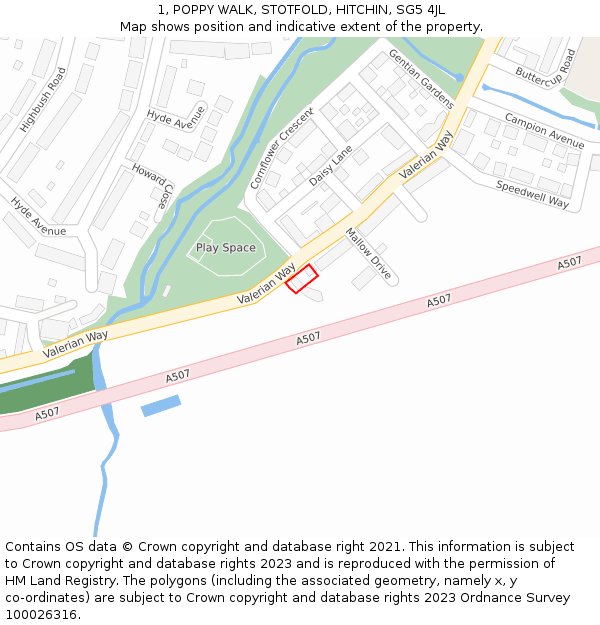 1, POPPY WALK, STOTFOLD, HITCHIN, SG5 4JL: Location map and indicative extent of plot