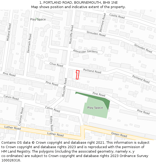 1, PORTLAND ROAD, BOURNEMOUTH, BH9 1NE: Location map and indicative extent of plot