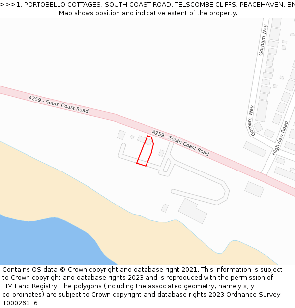 1, PORTOBELLO COTTAGES, SOUTH COAST ROAD, TELSCOMBE CLIFFS, PEACEHAVEN, BN10 7BD: Location map and indicative extent of plot