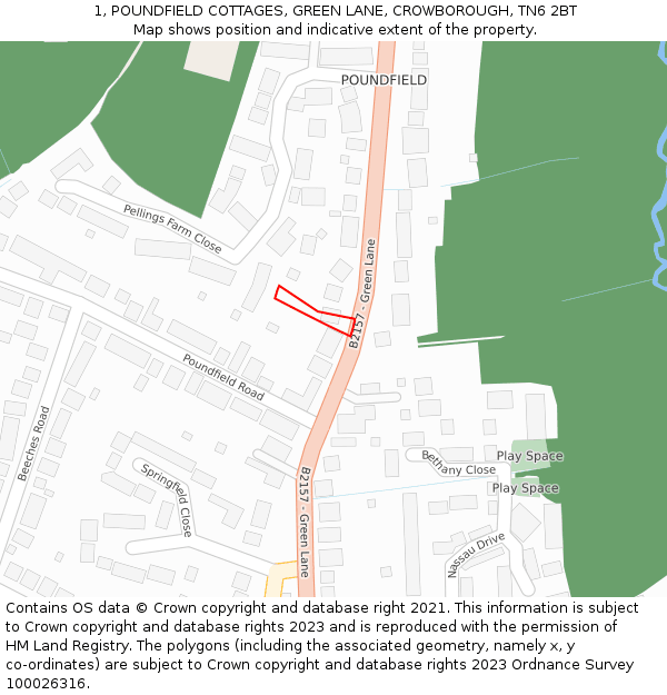 1, POUNDFIELD COTTAGES, GREEN LANE, CROWBOROUGH, TN6 2BT: Location map and indicative extent of plot