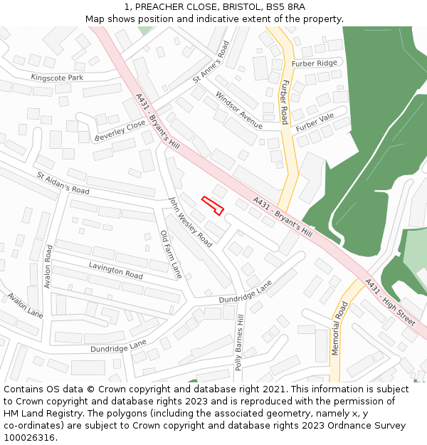 1, PREACHER CLOSE, BRISTOL, BS5 8RA: Location map and indicative extent of plot