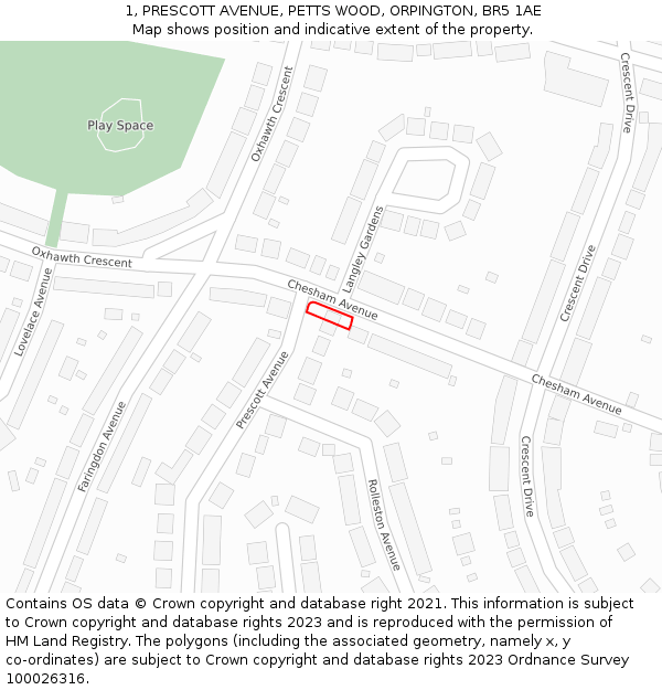 1, PRESCOTT AVENUE, PETTS WOOD, ORPINGTON, BR5 1AE: Location map and indicative extent of plot