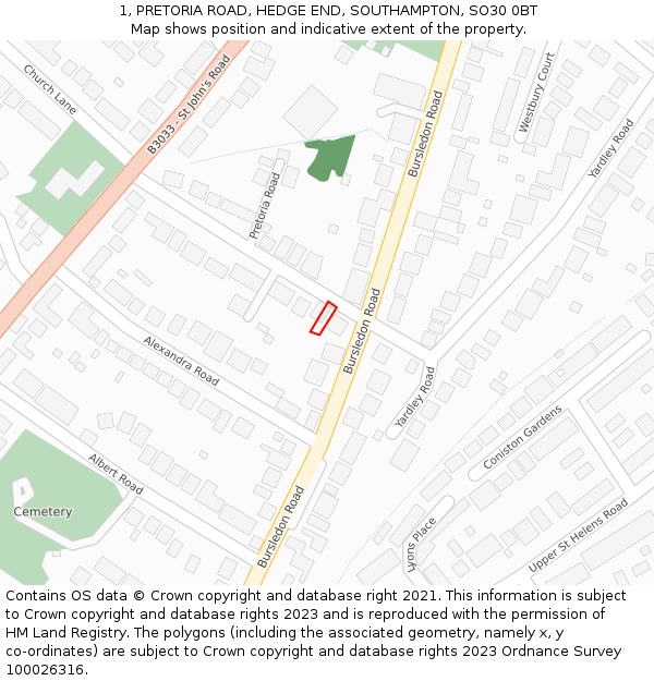 1, PRETORIA ROAD, HEDGE END, SOUTHAMPTON, SO30 0BT: Location map and indicative extent of plot