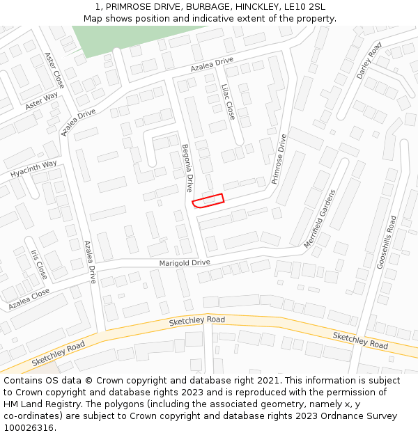 1, PRIMROSE DRIVE, BURBAGE, HINCKLEY, LE10 2SL: Location map and indicative extent of plot
