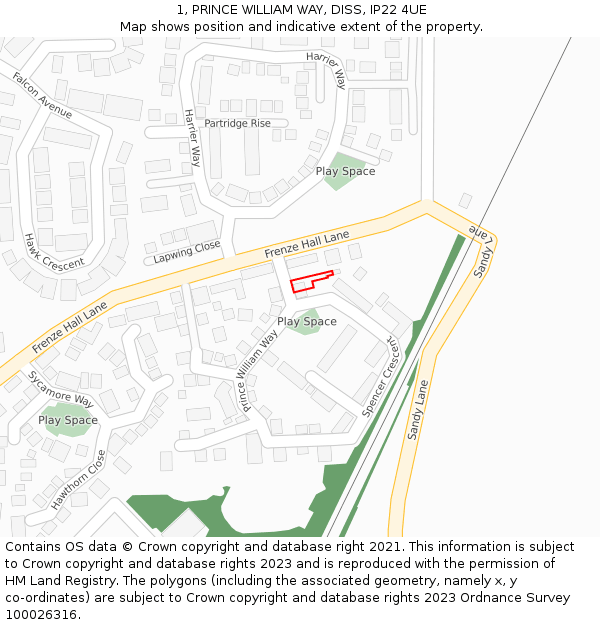 1, PRINCE WILLIAM WAY, DISS, IP22 4UE: Location map and indicative extent of plot