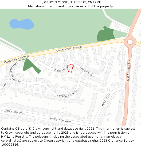 1, PRINCES CLOSE, BILLERICAY, CM12 0FJ: Location map and indicative extent of plot