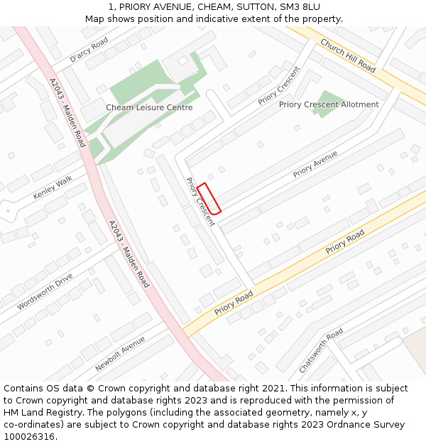 1, PRIORY AVENUE, CHEAM, SUTTON, SM3 8LU: Location map and indicative extent of plot