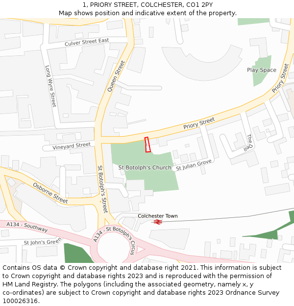 1, PRIORY STREET, COLCHESTER, CO1 2PY: Location map and indicative extent of plot