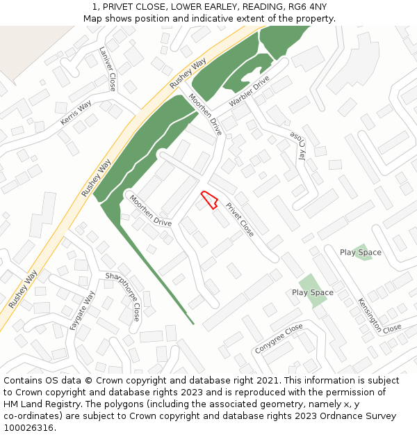 1, PRIVET CLOSE, LOWER EARLEY, READING, RG6 4NY: Location map and indicative extent of plot