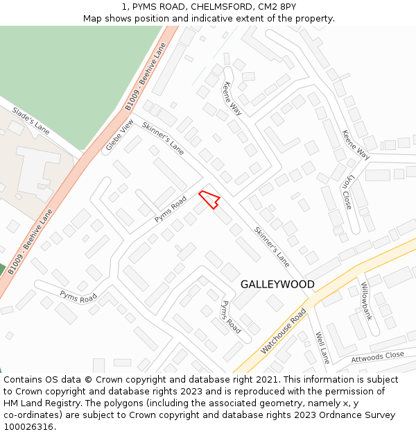 1, PYMS ROAD, CHELMSFORD, CM2 8PY: Location map and indicative extent of plot