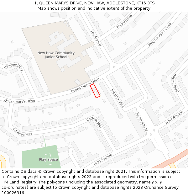 1, QUEEN MARYS DRIVE, NEW HAW, ADDLESTONE, KT15 3TS: Location map and indicative extent of plot