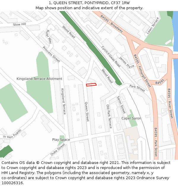 1, QUEEN STREET, PONTYPRIDD, CF37 1RW: Location map and indicative extent of plot