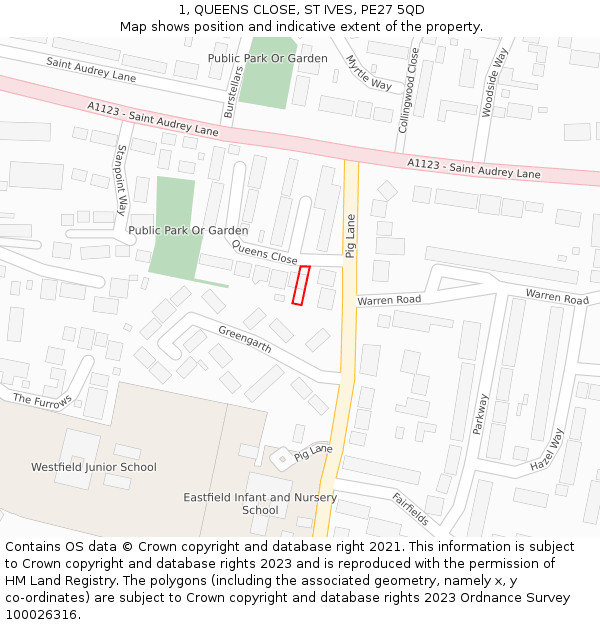 1, QUEENS CLOSE, ST IVES, PE27 5QD: Location map and indicative extent of plot