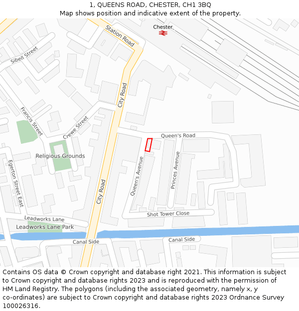 1, QUEENS ROAD, CHESTER, CH1 3BQ: Location map and indicative extent of plot