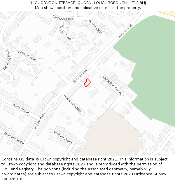 1, QUORNDON TERRACE, QUORN, LOUGHBOROUGH, LE12 8HJ: Location map and indicative extent of plot