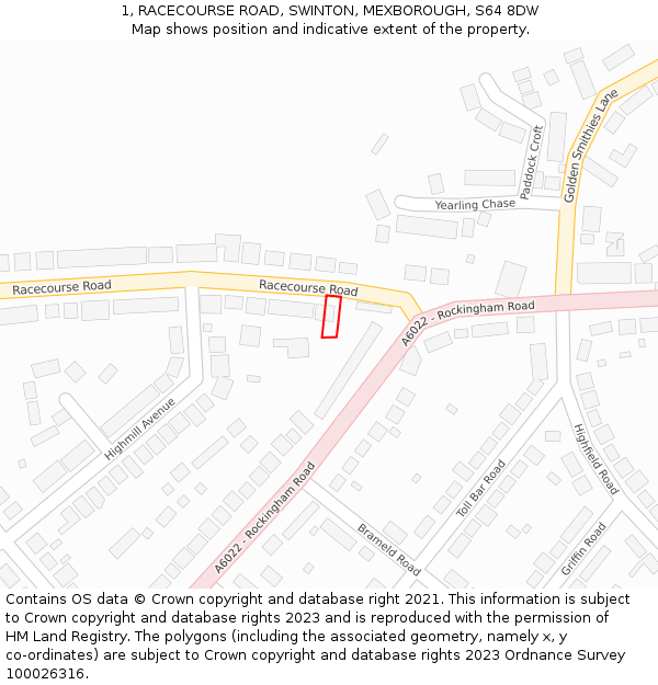 1, RACECOURSE ROAD, SWINTON, MEXBOROUGH, S64 8DW: Location map and indicative extent of plot