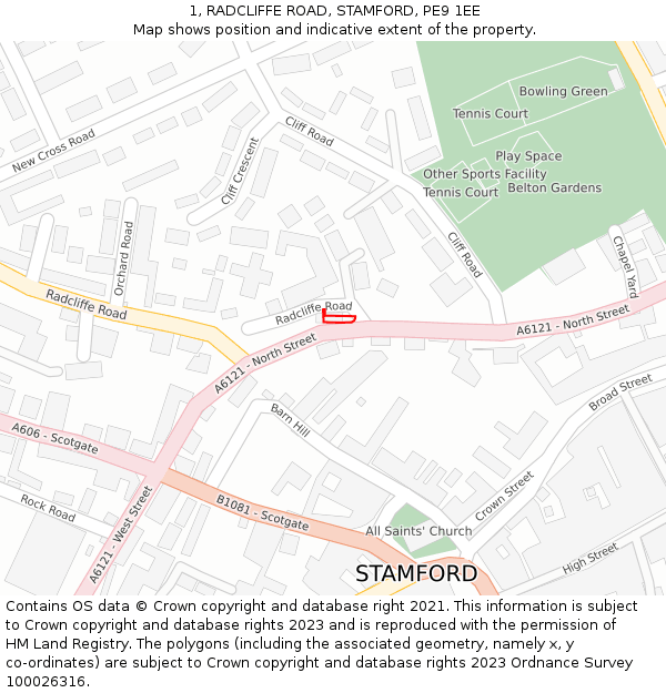 1, RADCLIFFE ROAD, STAMFORD, PE9 1EE: Location map and indicative extent of plot