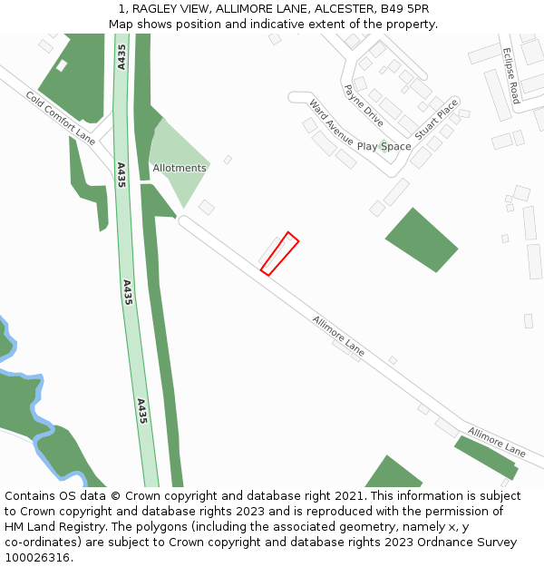 1, RAGLEY VIEW, ALLIMORE LANE, ALCESTER, B49 5PR: Location map and indicative extent of plot