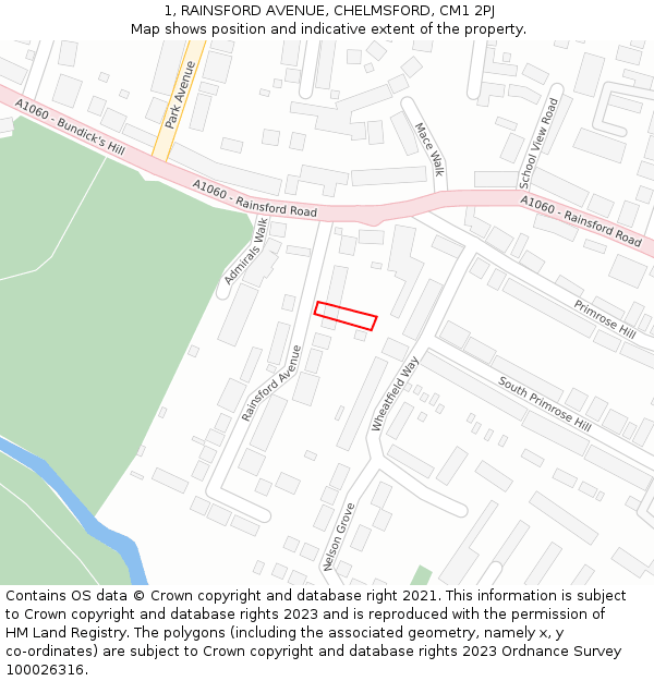 1, RAINSFORD AVENUE, CHELMSFORD, CM1 2PJ: Location map and indicative extent of plot