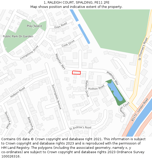 1, RALEIGH COURT, SPALDING, PE11 2FE: Location map and indicative extent of plot