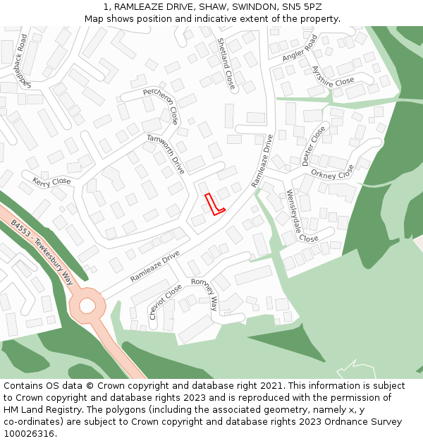 1, RAMLEAZE DRIVE, SHAW, SWINDON, SN5 5PZ: Location map and indicative extent of plot
