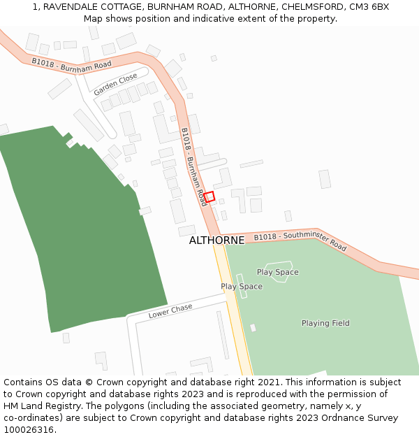 1, RAVENDALE COTTAGE, BURNHAM ROAD, ALTHORNE, CHELMSFORD, CM3 6BX: Location map and indicative extent of plot