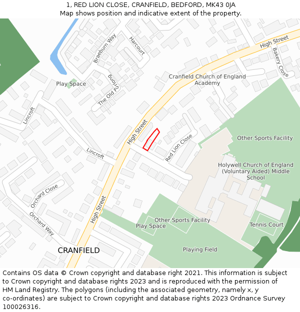 1, RED LION CLOSE, CRANFIELD, BEDFORD, MK43 0JA: Location map and indicative extent of plot