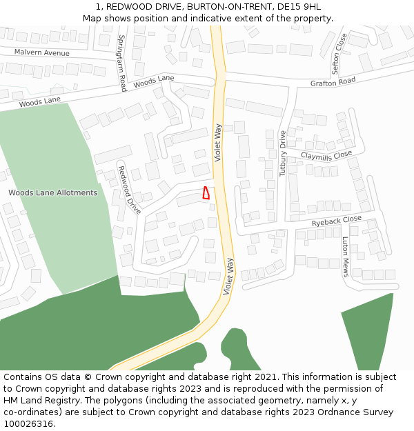 1, REDWOOD DRIVE, BURTON-ON-TRENT, DE15 9HL: Location map and indicative extent of plot