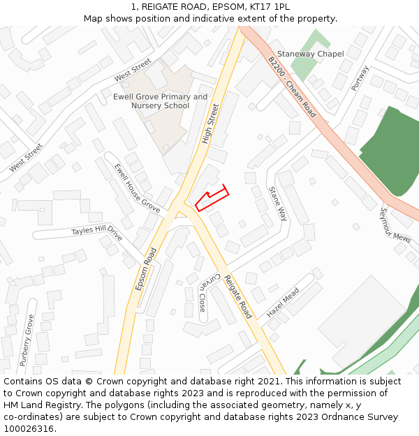 1, REIGATE ROAD, EPSOM, KT17 1PL: Location map and indicative extent of plot