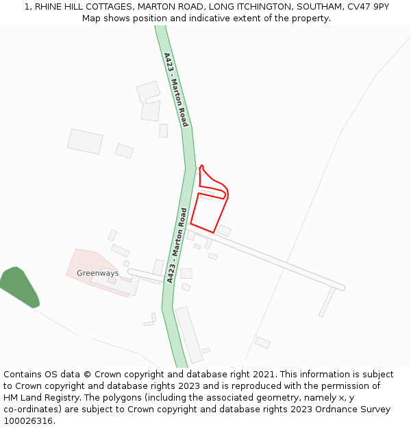 1, RHINE HILL COTTAGES, MARTON ROAD, LONG ITCHINGTON, SOUTHAM, CV47 9PY: Location map and indicative extent of plot