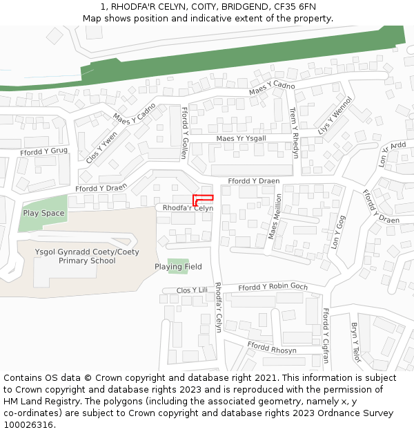 1, RHODFA'R CELYN, COITY, BRIDGEND, CF35 6FN: Location map and indicative extent of plot