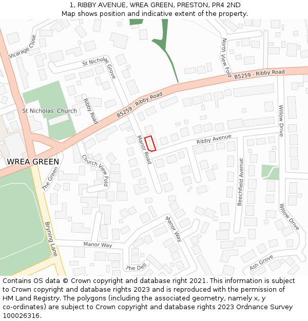 1, RIBBY AVENUE, WREA GREEN, PRESTON, PR4 2ND: Location map and indicative extent of plot