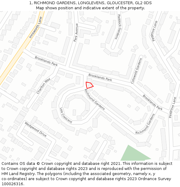 1, RICHMOND GARDENS, LONGLEVENS, GLOUCESTER, GL2 0DS: Location map and indicative extent of plot