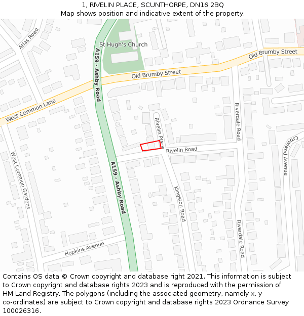 1, RIVELIN PLACE, SCUNTHORPE, DN16 2BQ: Location map and indicative extent of plot