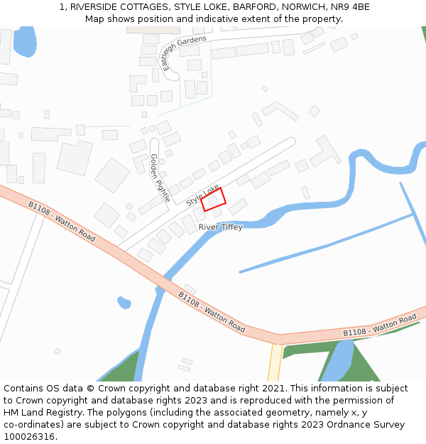 1, RIVERSIDE COTTAGES, STYLE LOKE, BARFORD, NORWICH, NR9 4BE: Location map and indicative extent of plot