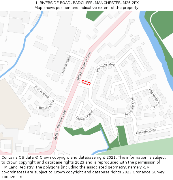1, RIVERSIDE ROAD, RADCLIFFE, MANCHESTER, M26 2PX: Location map and indicative extent of plot