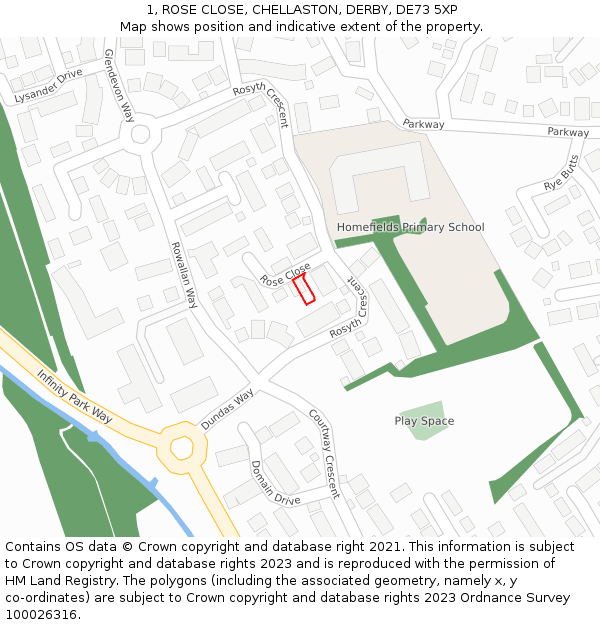 1, ROSE CLOSE, CHELLASTON, DERBY, DE73 5XP: Location map and indicative extent of plot